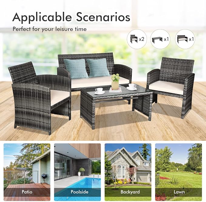 Goplus 4-Piece Rattan Patio Furniture Set, Outdoor Wicker Conversation Sofa with Weather Resistant Cushions and Tempered Glass Tabletop for Lawn Backyard Pool Garden (Beige)