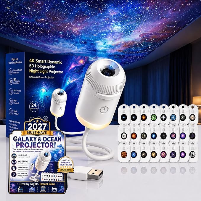 2027 Upgraded Hd Smart Dynamic 5d Holographic Night Light Projector, Plug and Play Hd Star Projector, 360° Adjustable Hd Galaxy and Ocean Projector for Indoor and Outdoor (12 Projection Films)