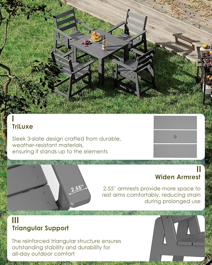 GREENVINES 5-Piece-Outdoor-Dining-Set | HDPE | Square | Patio Furniture | Table and Chairs Sets for 4 | All Weather | Removable Armrests | Umbrella Hole | for Backyard Poolside Garden | Grey