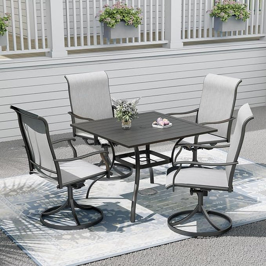 Outdoor Patio Furniture Set, 4 Piece Swivel Patio Chairs and 35" x 35" x 28" Steel Dining Table Set with 1.6" Umbrella Hole, Suitable for All-Weather