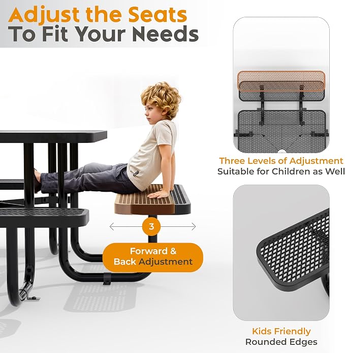Metal Picnic Tables for Outdoors with Umbrella Hole - Coated Steel Heavy Duty Commercial Grade Furniture (Black, 46 in, Square, Expanded Steel)
