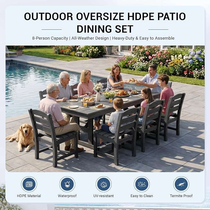 KINGYES Outdoor Armless Dining Chairs Set of 8,All-Weather HDPE Patio Chairs for Backyard,Pooside,Grey