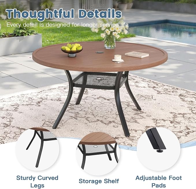 DIFY 48" Round Patio Dining Table for 6, All Weather Round Outdoor Metal Dining Table with 1.57" Umbrella Hole, Perfect for Backyard Lawn Garden, Walnut