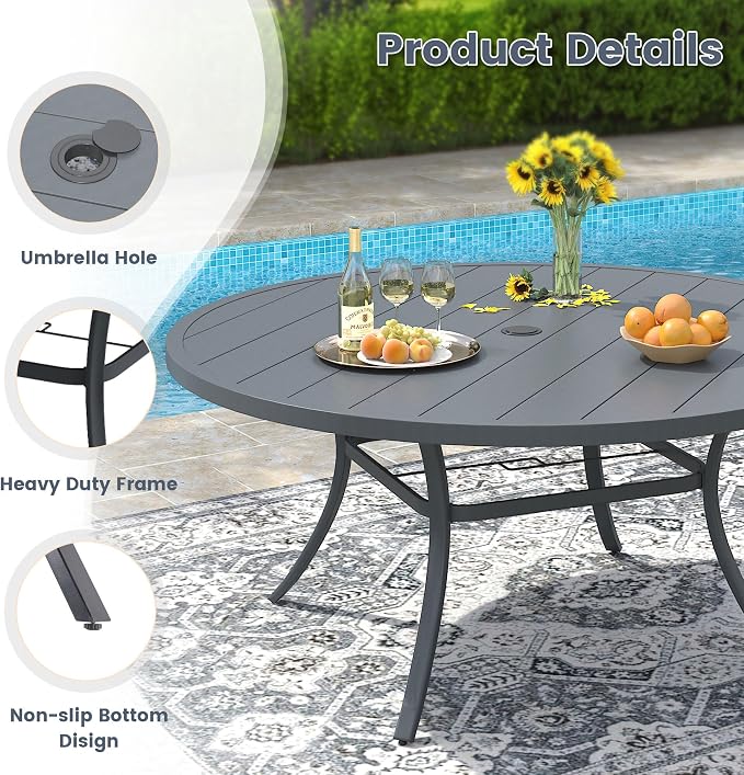 VICLLAX 11 Pieces Patio Outdoor Dining Set, 63" Round Metal Table with Umbrella Hole and 10 Stackable Textilene Chairs for Patio, Lawn, Garden, Porch, Dark Grey/Grey