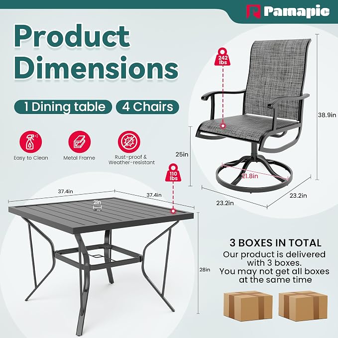 Pamapic 5-Piece Patio Dining Set, Outdoor Dining Set for 4, All-Weather Outdoor Table and Chairs with Textilene 360° Swivel Chairs for Garden, Backyard, Poolside and Deck，Gray