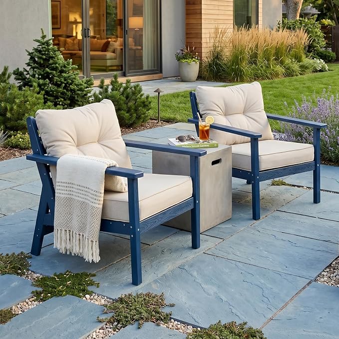 2 Seat Chair Set, HDPE Patio Conversation Set, Outdoor Patio Furniture | Water-Resistant Thick Cushion, HDPE All Weather, Wood-Grain, No Rot or Rust or Crack, UV Fade Shield, Easy-Clean for Outside