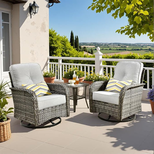 CAODOC 3-Piece Swivel Rocking Rattan Chair Outdoor, Patio Bistro Furniture Conversation Set, Wicker Chair with Coffee Table Grey
