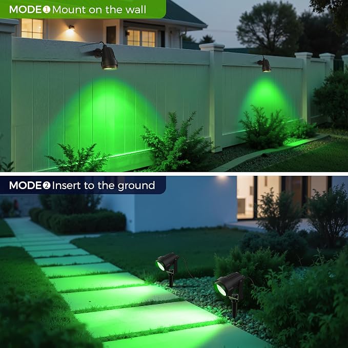 L LOHAS LED Green Outdoor Spotlight 5W Dusk to Dawn Landscape Light 2 Pack | Green Holiday Spotlights with Auto On/Off Function, Outdoor Tree Lighting for Christmas, Yard and Garden Decoration
