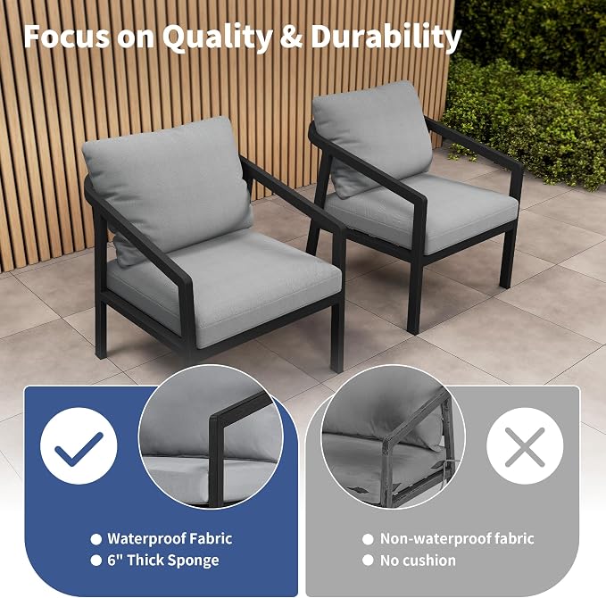 Patio Sofa Chairs Set of 2, Never-Rust Aluminum Outdoor Club Chairs with Washable Thick Cushions, All-Weather Modern Armchair Set for Porch, Deck, Garden, Backyard (Black+Grey)