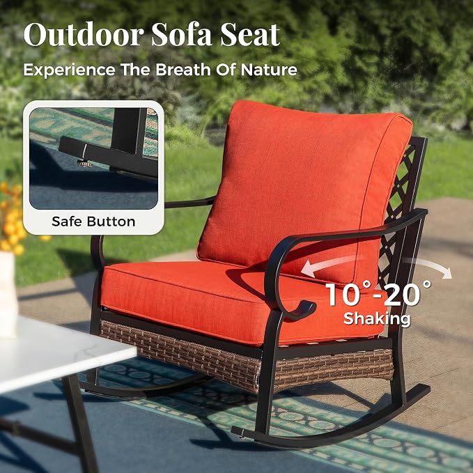 MIXPATIO Patio Furniture Set with Fire Pit Table, Metal Outdoor Conversation Set with 2 x Fixed Chairs, 2 x Rocking Chairs, 1 x 3-Seat Sofa for Lawn Garden Backyard, Red
