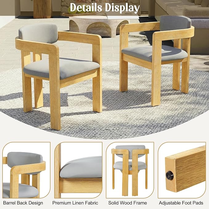 Merax Outdoor Acacia Wood Dining Chairs Set of 2, Modern Solid Wood Patio Chairs with Grey Cushions & Backrest, Outdoor Armchairs Seating Furntiure for Patio Garden Balcony Backyard