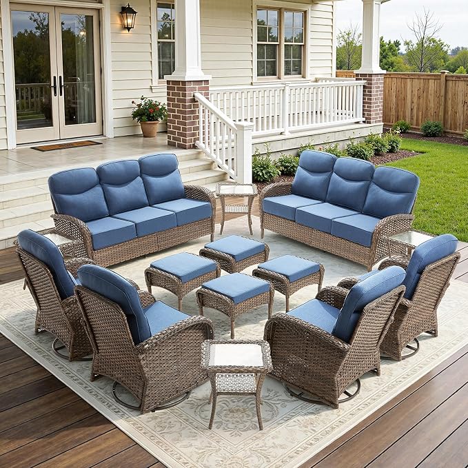 14-Piece Luxury Patio Furniture Set with 6-inch Thick Cushion,Outdoor Wicker Sofa Couch Set of 2 & Swivel Rocker Chairs, Conversation Set for Poolside, Deck & Yard - Blue