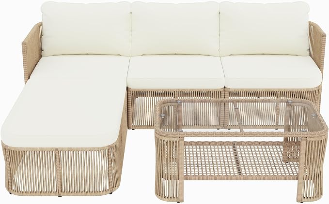 Christopher Knight Home Outdoor Patio Furniture Set, PE Rattan Wicker Conversation Sofa Set with Iron Frame Cushions and Glass Top Coffee Table, Modular Backyard Balcony Seating Set, Dark Beige