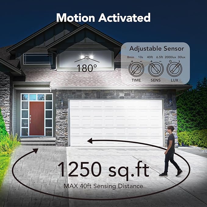 OREiN Motion Sensor Outdoor Security Lights, Dual-Head Adjustable LED Flood Lights, 3 Modes (Motion/Manual/Dusk to Dawn), 150W Equivalent, 5000K, IP65 Waterproof, Hardwired, Black (2 Pack)
