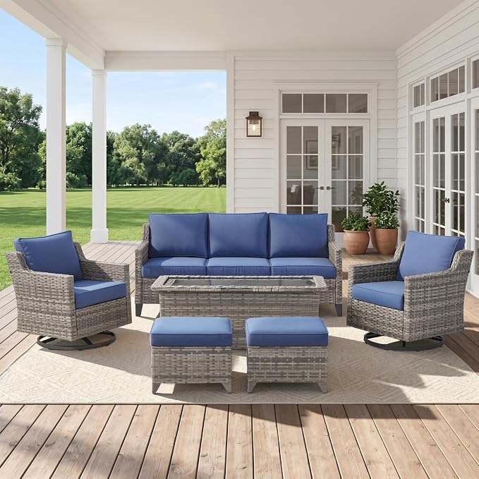 Belord Patio Wicker Swivel Rocker Patio Chairs with Coffee Table and 3-Seater Sofa, Outdoor Furniture Set for Deck Porch Garden, 6 Piece Luxury Patio Furniture Set, Blue