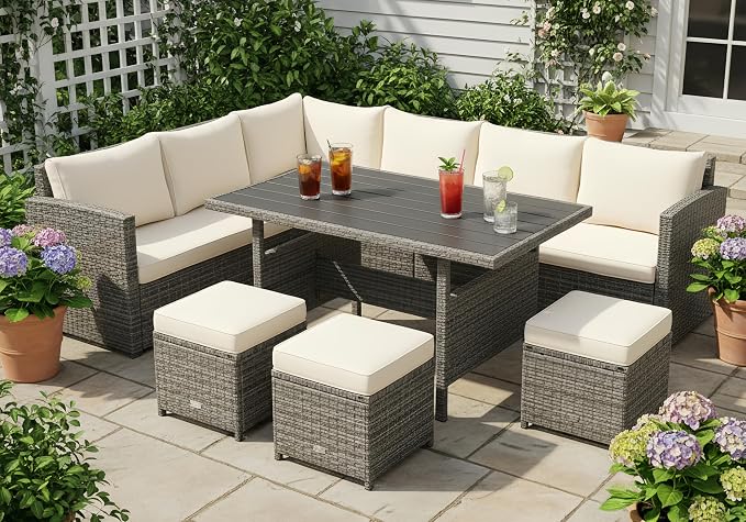 Tangkula 7 Pieces Patio Furniture Set, Outdoor Sectional Rattan Dining Sofa Set with Cushions, All Weather Wicker Conversation Couch Set with Dining Table & Ottomans for Yard Garden Poolside, White