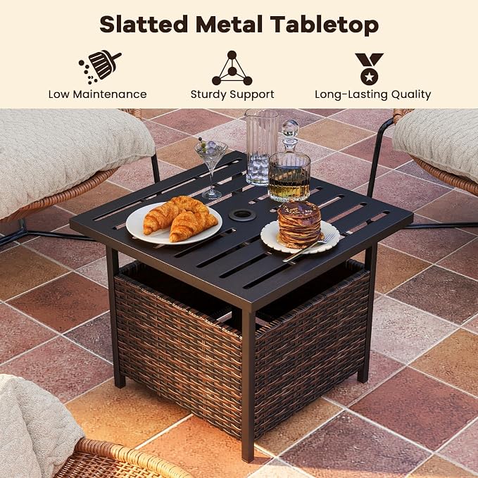 HAPPYGRILL Wicker Patio Umbrella Table with 1.57” Umbrella Hole, Outdoor Rattan Side Table with Heavy Duty Metal Frame, 22” Square PE Rattan End Table for Deck Backyard Poolside (Mix Brown)
