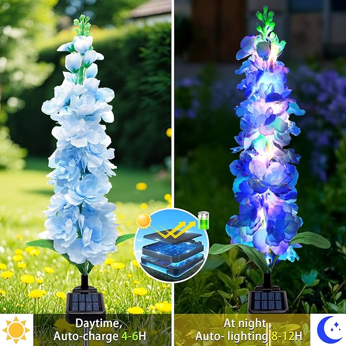 MRHEPHAESTUS Solar Garden Lights, Solar Blue Delphinium Flowers Lights 8 Pack 160 LEDs, Waterproof Outdoor Light Two Lighting Modes for Outside Wedding Party Garden Yard Patio Lawn Decor
