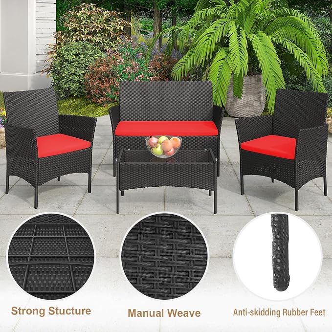 NChanmar Patio Furniture Set, 4 Pieces Outdoor Furniture Rattan Chair, Patio Table and Chairs Set, Wicker Sofa for Yard,Pool and Backyard, Red