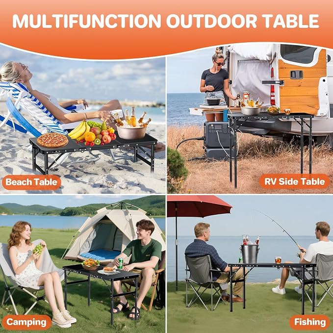 FUNYKICH 3ft Camping Folding Table with 3 Height(35.4'' Lx15.7'' W), Max Height 29.4'' Portable Small Outdoor Tables, Lightweight Beach Table with Carry Handle for Camping, Backyard, Picnic, Handcraft