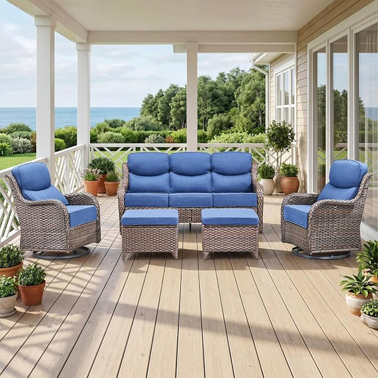 Luxury High Back Outdoor Furniture with 6-Inch Thick Cushions, Patio Furniture Set with Swivel Chairs, 5 PCS Wicker Conversation Set for Porch, Balcony, Deck and Yard