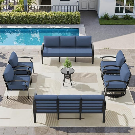 Aluminum Patio Furniture Set, 10 Seats Outdoor Patio Conversation Sets with Swivel Chair Modern Metal Sectional Sofa with Upgrade Cushions for Patio, Backyard - Blue