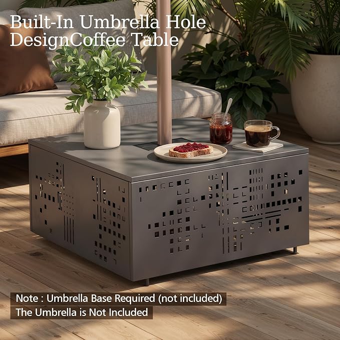 CAODOC 27" Square Outdoor Coffee Table with Umbrella Hole & Solar Light, Rust-Proof Metal Patio Table, Small Minimalist Low Accent Table for Living Room, Balcony, Deck, Backyard, Gray