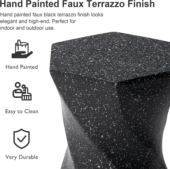 Glitzhome Outdoor Side Table, 17.75" H Decorative Garden Stool MGO Twist Faux Terrazzo End Table, Round Planter Stand for Indoor Outdoor Living Room Bedroom Patio Deck Poolside, Black