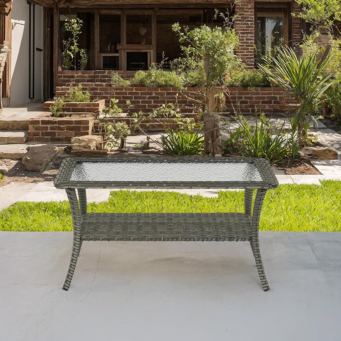 Patio Coffee Table Wicker Table Outdoor PE Rattan Glass Top Table with Storage Shelf Rectangle Patio Outdoor Coffee Table for Patio Garden Balcony Porch Deck Poolside, Grey