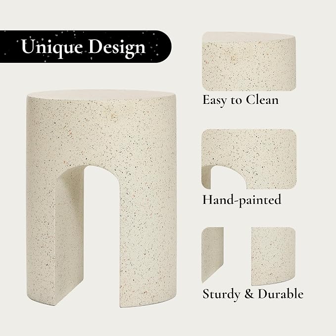 LuxenHome Outdoor Side Table, 18 inch Mod Cream Cement Round with U-Shape Side Table Small Accent Decorative Stool for Garden,Patio, Indoor and Outdoor