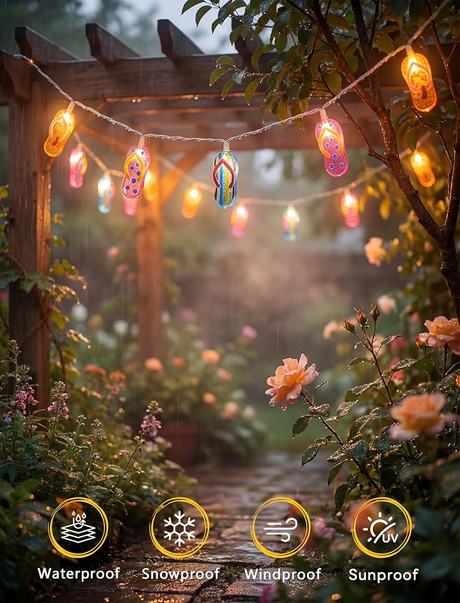 Abeja Summer Slipper String Lights, 8.5Ft Outdoor Hawaiian Tropical Decoration Lights with 10 Multicolor Slipper Lights, Ocean Themed Decorative Lights for Bedroom Camping Decks Party Lighting