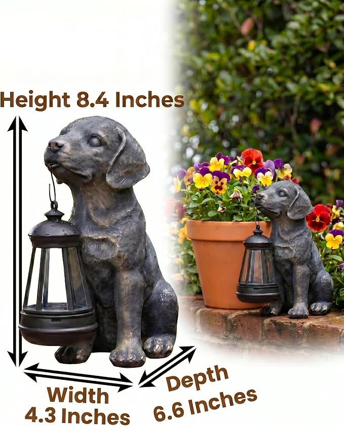 Lyeasw Solar Dog Statues with Lantern, 8.4 inch Ideal Gifts for Mom, Dad or Birthdays Dog Memorial, Outdoor Decorations for Patio Porch Lawn Backyard