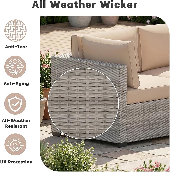 Patio Furniture Set, 7-Piece Outdoor Sectional Couch with Coffee Table & Thick Cushions, Outdoor Wicker Conversation Set for Backyard, Poolside, Garden (Grey White-Camel, 7 Piece-Single)