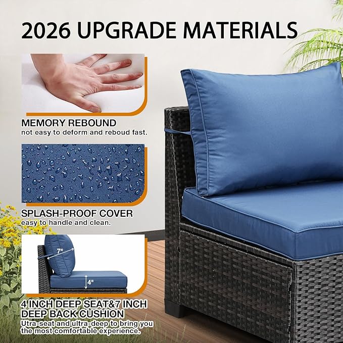 JOYURE 8 Pieces Patio Furniture Set All-Weather Outdoor Wicker Sectional Conversation Sofa Rattan Patio Seating Sofa with Cushion and Glass Table for Porch Poolside,Navy