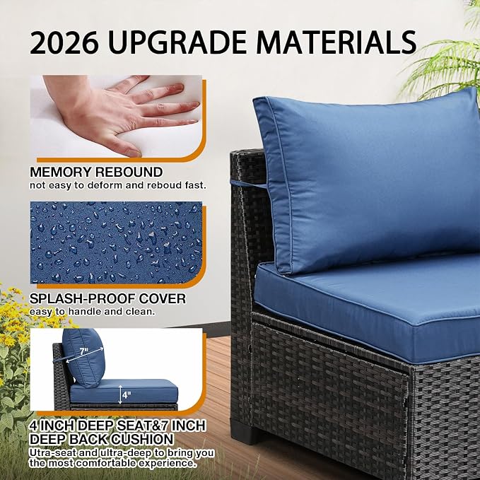 JOYURE 6 Pieces Patio Furniture Set All-Weather Outdoor Wicker Sectional Conversation Sofa Rattan Patio Seating Sofa with Cushion and Glass Table for Porch Poolside,Navy