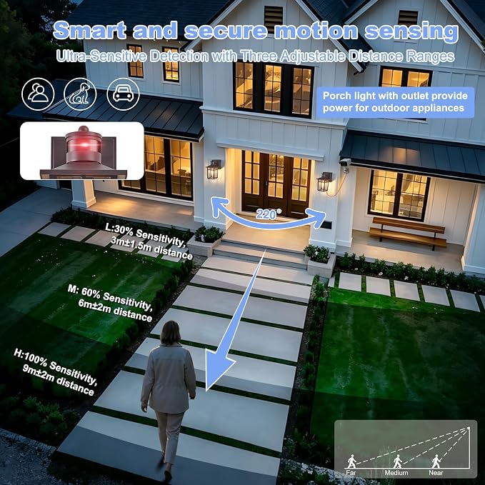 Porch Light with GFCI Outlet with Remote,Dusk to Dawn Motion Sensor Outdoor Light,Upgraded 4 Lighting Modes Brown Front Door Light,Waterproof Outside Lights for House Patio Garage Entryway, 1 Pack