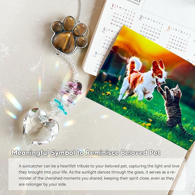 Dog Memorial Gifts, Pet Memorial Suncatcher, Loss of Dog Sympathy Gift | Thoughtful Dogs and Cats Bereavement Remembrance Gifts, Natural Cat's Eye Stone Paw Crystal Suncatcher