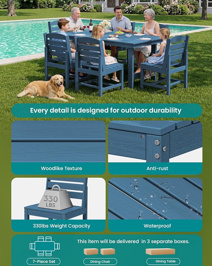 SERWALL 7-Pc HDPE Patio Dining Set, 1 Table & 6 Armless Chairs, Blue | HDPE Outdoor Dining Set with Rectangular Table & 6 Armless Chairs, All-Weather Resistant SERWALL Dining Set for 6
