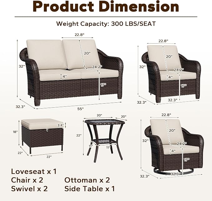 8 Piece Patio Wicker Conversation Set, All-Weather Use Outdoor Wicker Loveseat with 2 PE Rattan Ottomans,2 Chair, 2 Swivel Chair, 1 Side Table, Ideal for Porch, Backyard, Balcony, Poolside, Beige