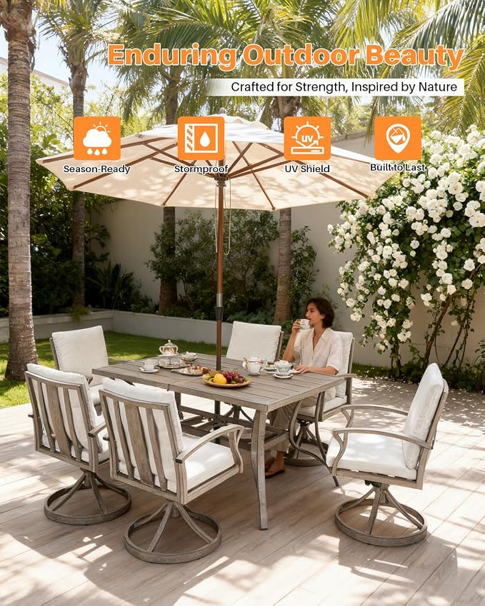 7-Piece Patio Swivel Dining Set for 6, Never Rusts Aluminum Outdoor Dining Set, Patio Dining Furniture with Cushions, Outdoor Table and 6 Swivel Chairs for Deck Garden Yard, Limed Oak