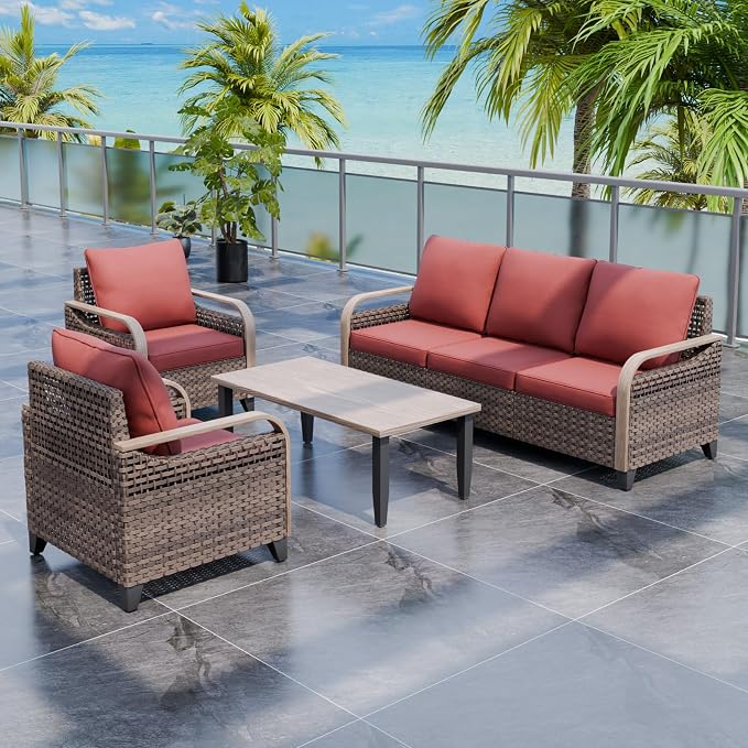 EAGLE PEAK Modern Wicker Outdoor Patio Furniture Set, Patio Conversation Set, 2 Chairs, 3-Seat Loveseat and Coffee Table, 4 Pieces, Brown/Red
