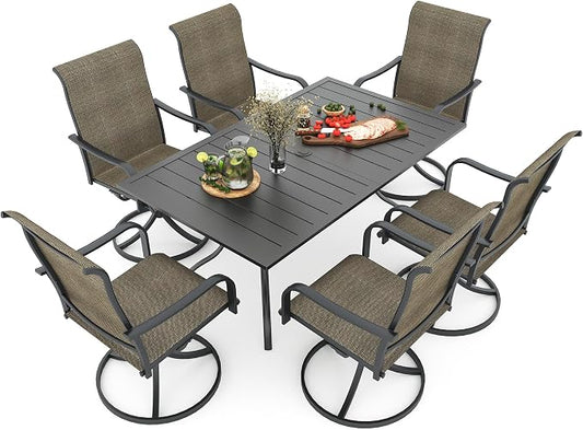Patio Dining Set for 6, 63" Rectangle Table and Tan Grey Swivel Chairs Sty2 | 6 Piece Swivel Chairs: High Back, Curved Armrest, Textilene Fabric, Rocking; 63"x38"x28" Metal Rectangle Table, All Weather