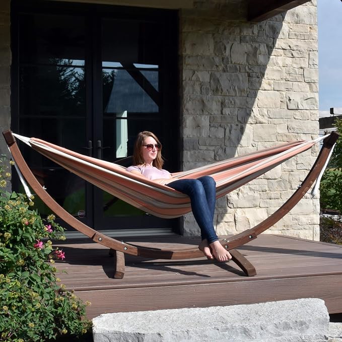Vivere Double Sunbrella Hammock with Solid Pine Arc Stand - 450 lb Capacity, Durable FSC Wood Frame, Includes Hardware & User Guide - 450 lb Weight Capacity (Cameo)