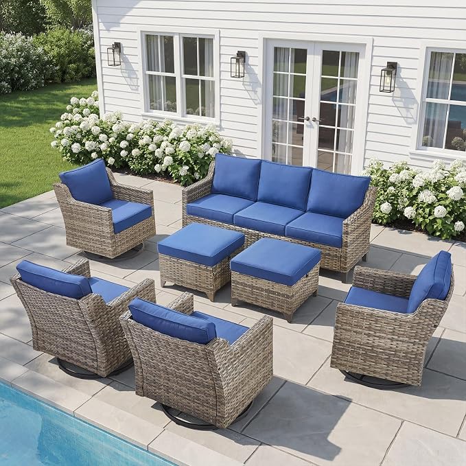 Belord Patio Wicker Swivel Rocker Patio Chairs with 3-Seater Sofa, Outdoor Rattan Chairs for Deck Porch Poolside, 7 Piece Patio Conversation Furniture Set,Blue