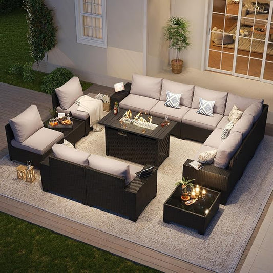 Aoxun Patio Furniture Sets with 44'' Fire Pit, 13 Pcs Outdoor Patio Coversation Set with 4in Thicken Cushion, Widen Armrests Wicker Outdoor Sectional for Backyard