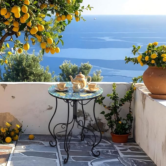 Geelin 14 Inch Lemon Small Outdoor Patio Side Table Lemon Round Mosaic Side Table Accent Indoor End Plant Metal Coffee Tea Furniture for Yard Porch Garden Living Room Bedroom