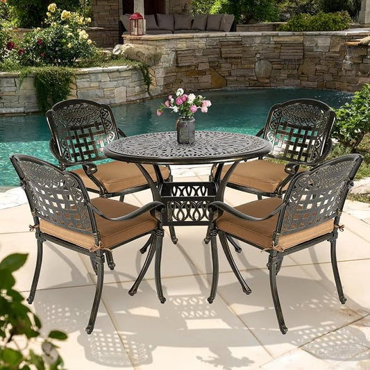 5-Piece Outdoor Patio Dining Set, All-Weather Cast Aluminum Patio Furniture Table and Chairs Set with 2" Umbrella Hole, 35.4" Round Table and 4 Chairs, 4 Cushions for Backyard Garden Deck