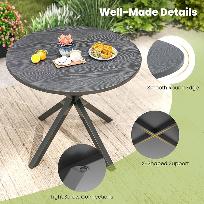 HAPPYGRILL 34” Round Outdoor Dining Table, Metal Patio Bistro Table with Wood-Like Tabletop, 4 Person Outdoor Dining Furniture for Backyard Garden Balcony