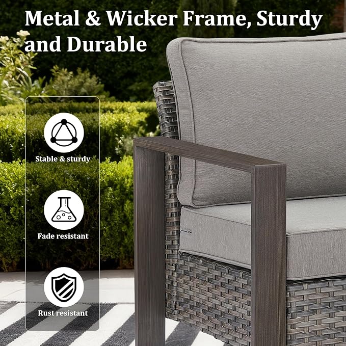 5PCS Swivel Patio Furniture Set, Outdoor Wicker Sofa and Swivel Rocker Chairs, All-Weather Conversation Set for Backyard, Deck and Poolside Grey/Grey