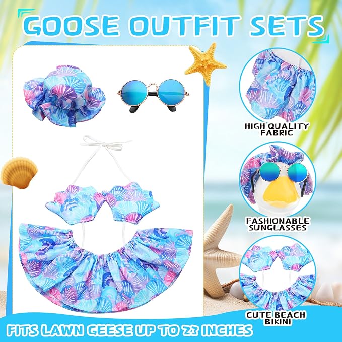 Abbylike Bikini Porch Goose Outfit Summer Hawaiian Goose Clothes Printed with Seashells Sun Hat Sunglass Fits 23'' Statue Cement Costume for Beach Yard Garden Lawn Pathway Patio Pool Decoration
